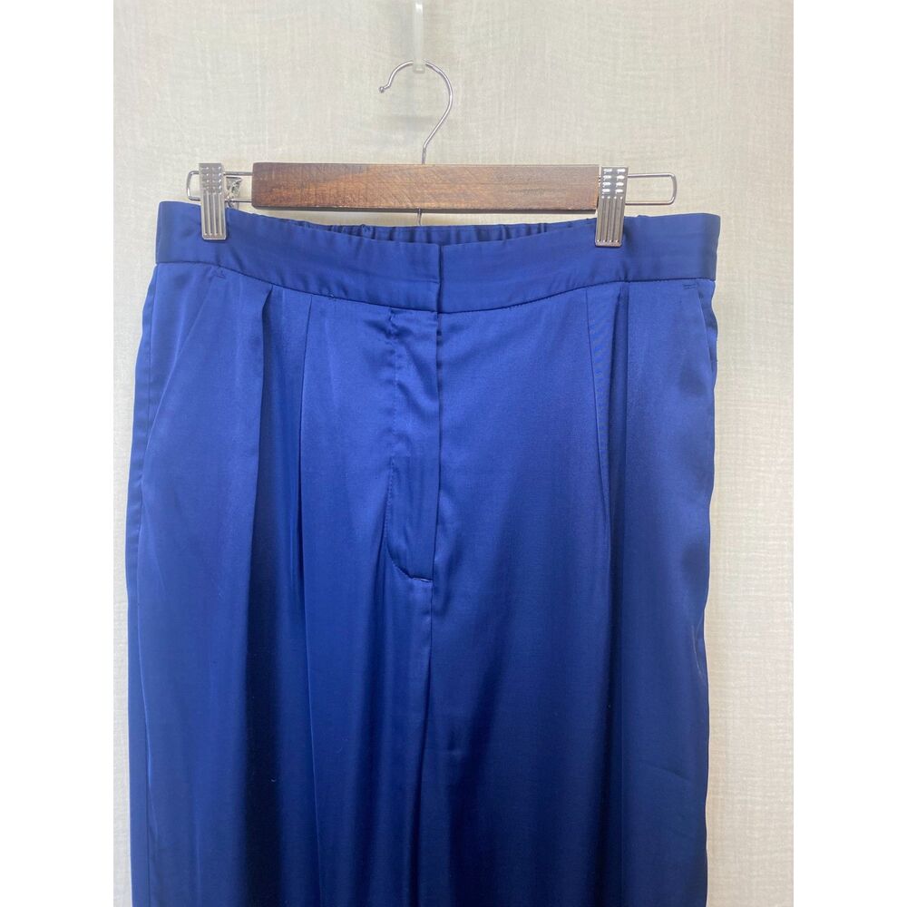 Abercrombie & Fitch Satin Wide Leg Pants Women's Sz M Blue Pleated High Rise - Picture 4 of 8